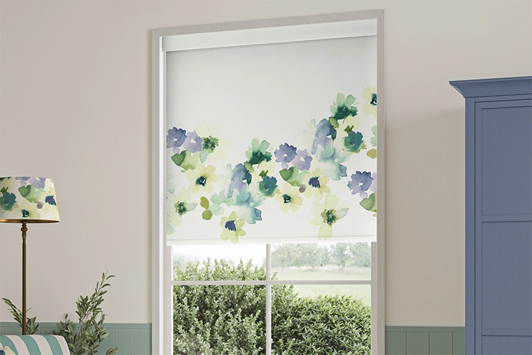 Colourful flowers against white background roman blind from Bluebellgray collection