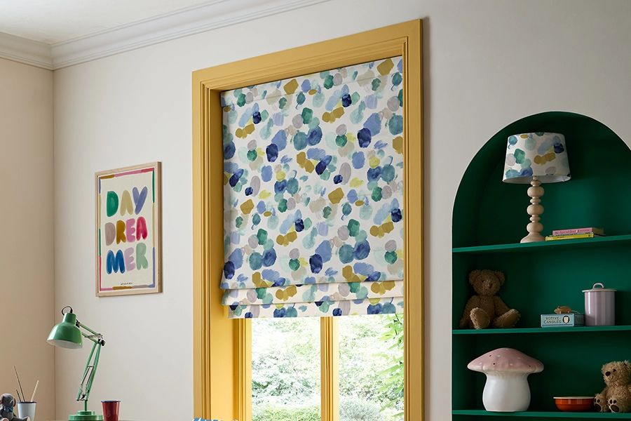 Kids room with colourful roman blind from Wee Blue Bell collection