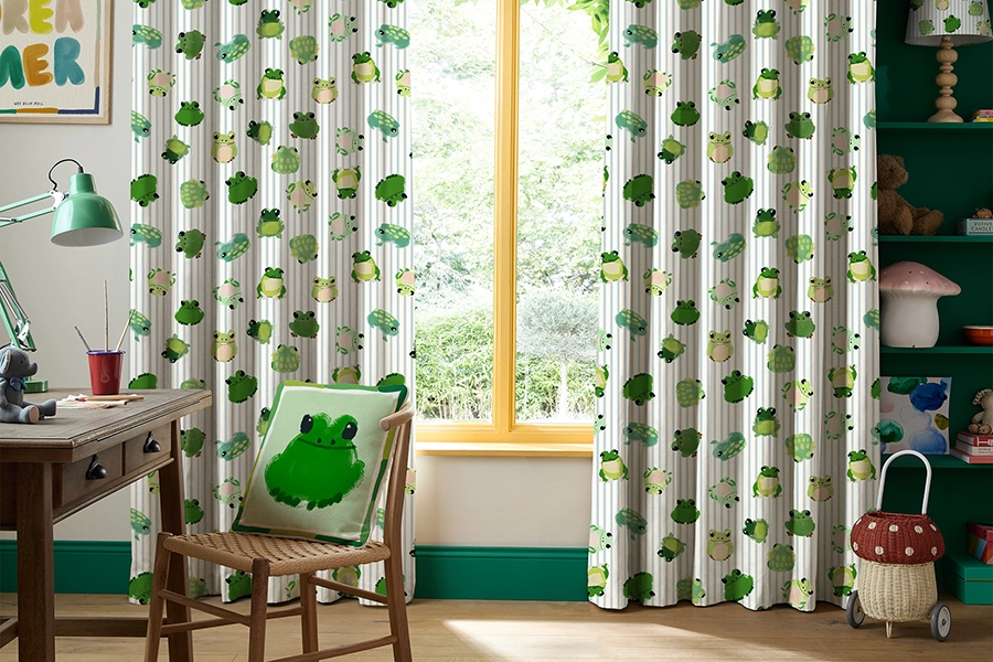 Room with green frog design curtains from Wee Blue Bell collection