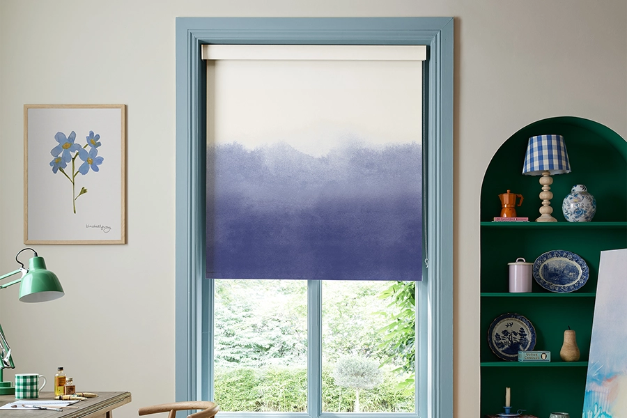 Office with blue ombre design roller blind from Bluebellgray collection