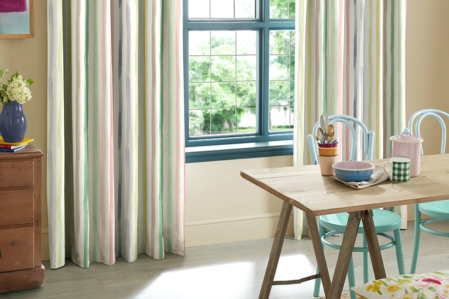 Dining room with grin stripe curtains from Bluebellgray collection