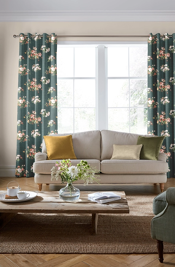 Room with dark grey flower design curtains from Laura Ashley Collection