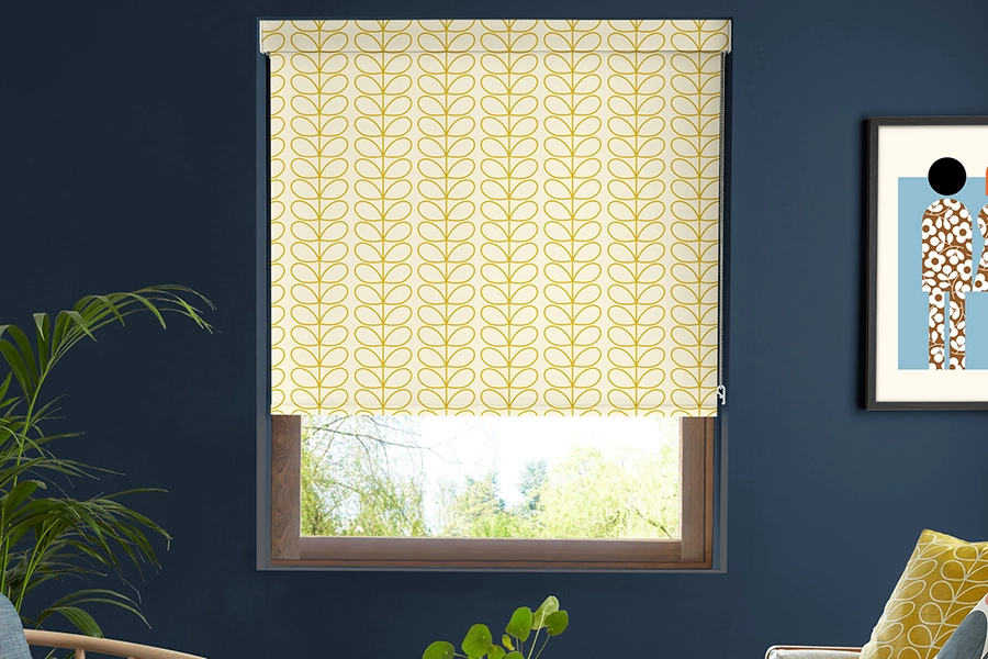 Bathroom with yellow geometric roller blind from Orla Kiely