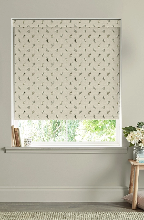 Room with natural colour olive design roller blind from Sophie Allport