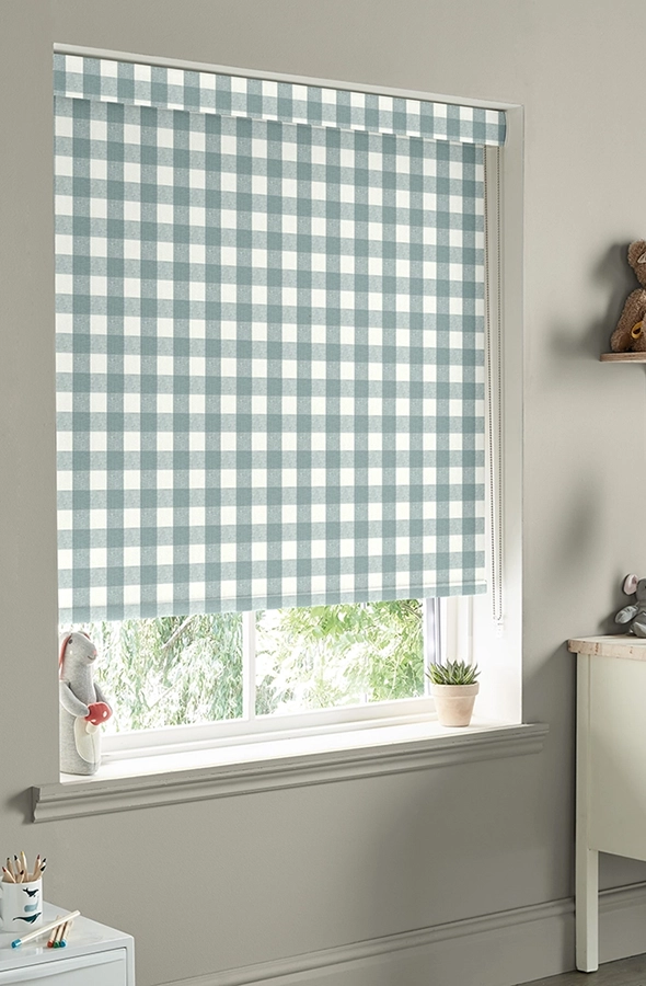 Room with teal check roller blind from Sophie Allport