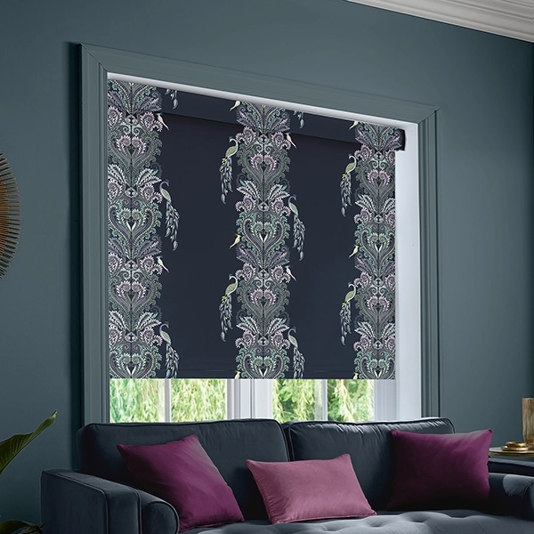 Room with navy animal stripe roller blind form Sara Miller
