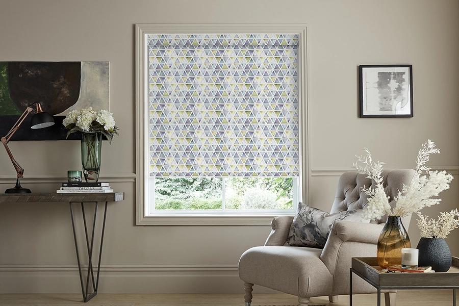 Room with yellow geometric roller blind from Voyage Maison