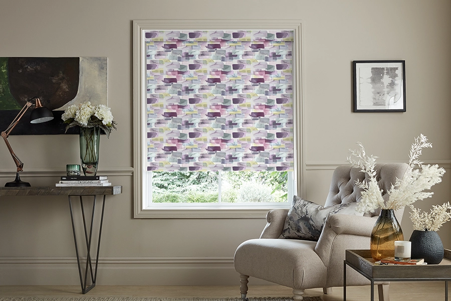 Room with yellow and purple geometric roller blind from Voyage Maison