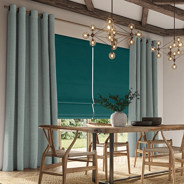 Dining room with set of neutral colour curtains and roman blinds from Edit Softs Vol.2 collection