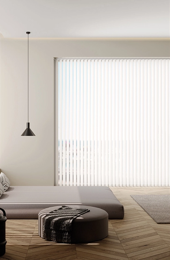 Room with ivory vertical blind from illumin8 Edit Verticals Collection