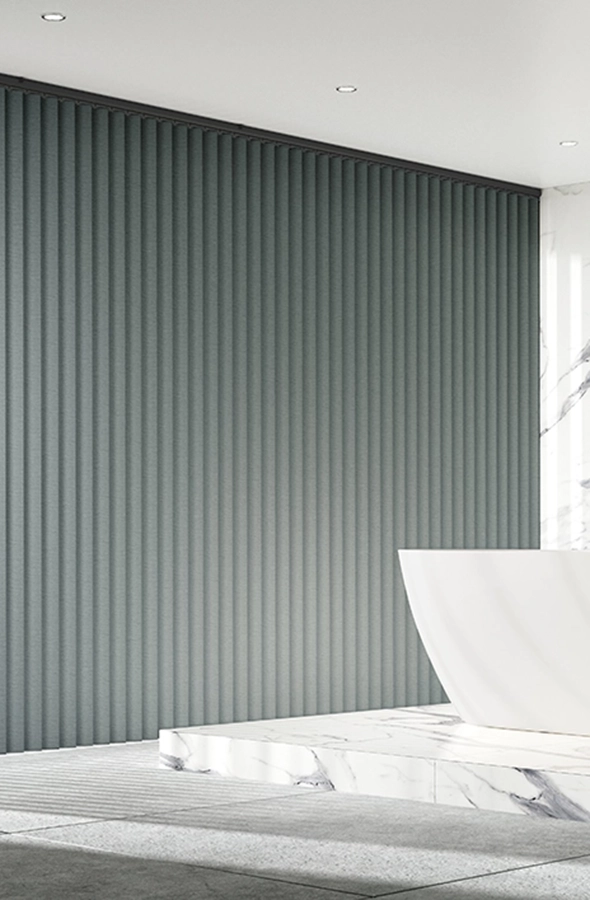 Room with dark grey vertical blind from illumin8 Edit Verticals Collection