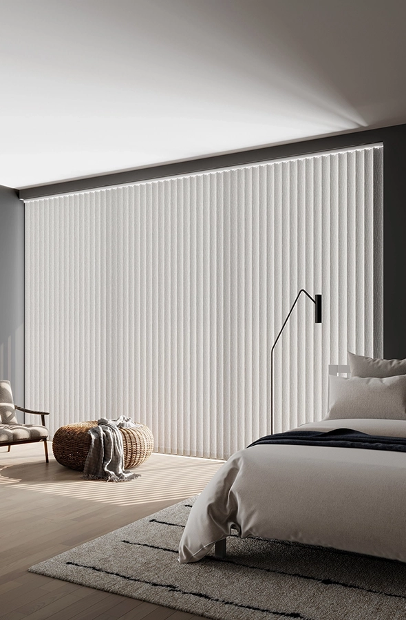 Room with grey vertical blind from illumin8 Edit Verticals Collection
