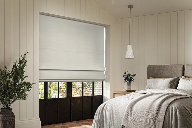 Bedroom with blackout classic roman blind from loom collection