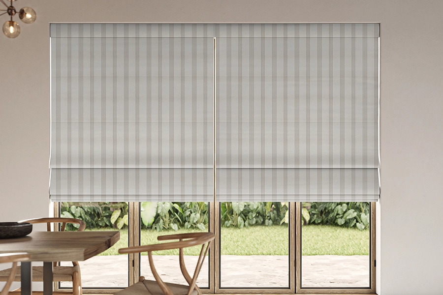Dining room with stripe roman blinds from Simply Softs volume 2 collection