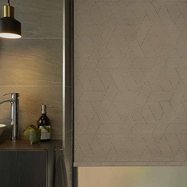 Bathroom with brown waterproof geometric roller blind from Simply Rollers collection