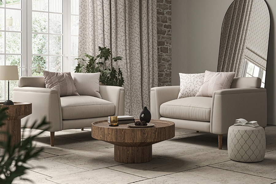 Living room with white floral curtain from illumin8