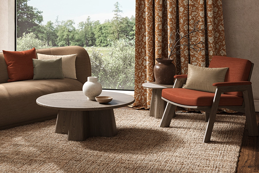 Living room with orange floral curtains from illumin8