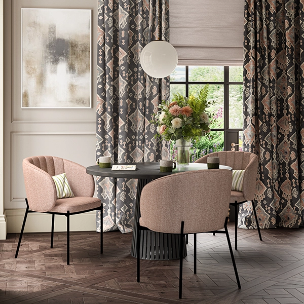 Dining room with dark pink geometric curtains from illumin8