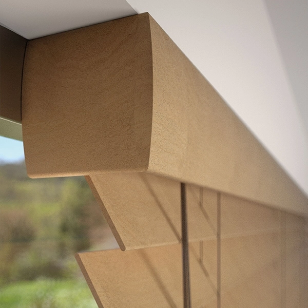 Clouse up on wooden venetian blind header